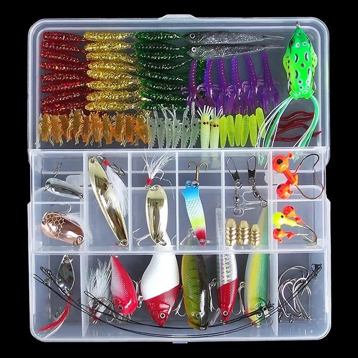 100-piece freshwater fishing lure set featuring Mino, VIB, spoon, and soft baits with silicone oil coating