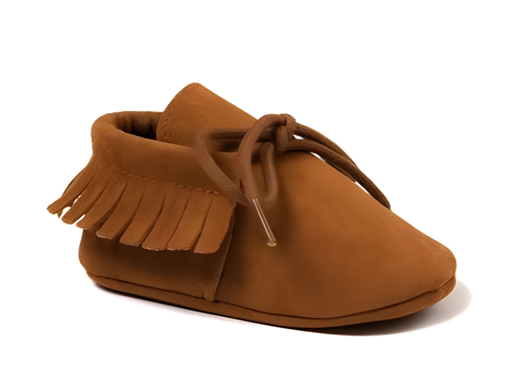 Baby tassel shoes in PU and flock with soft bottom, shown in one of eleven colours and sizes 11cm to 13cm