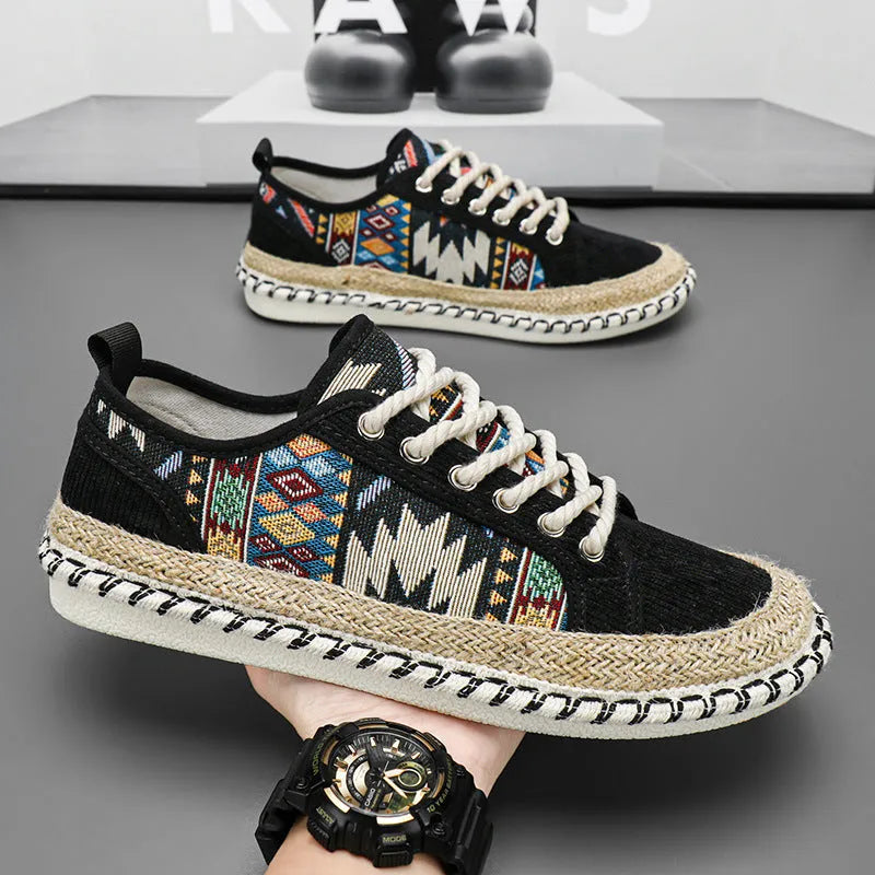 Men's casual summer shoes in breathable cloth with round toe, black and beige colour options
