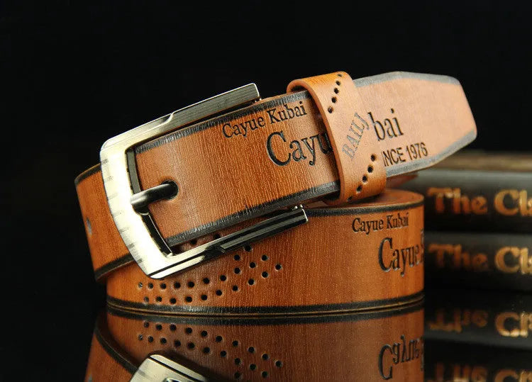 Men's retro hollow pin buckle belt with alloy D-shape buckle in brown, regular width 2-4cm