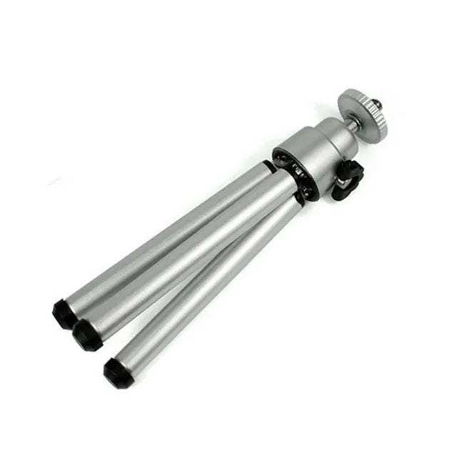Mini desktop tripod with extendable aluminium legs and U-shaped phone clip for cameras and mobile devices