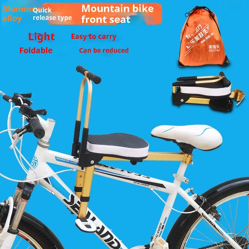 Aluminium alloy front-mounted children's bicycle seat in black with fence, folded on a table