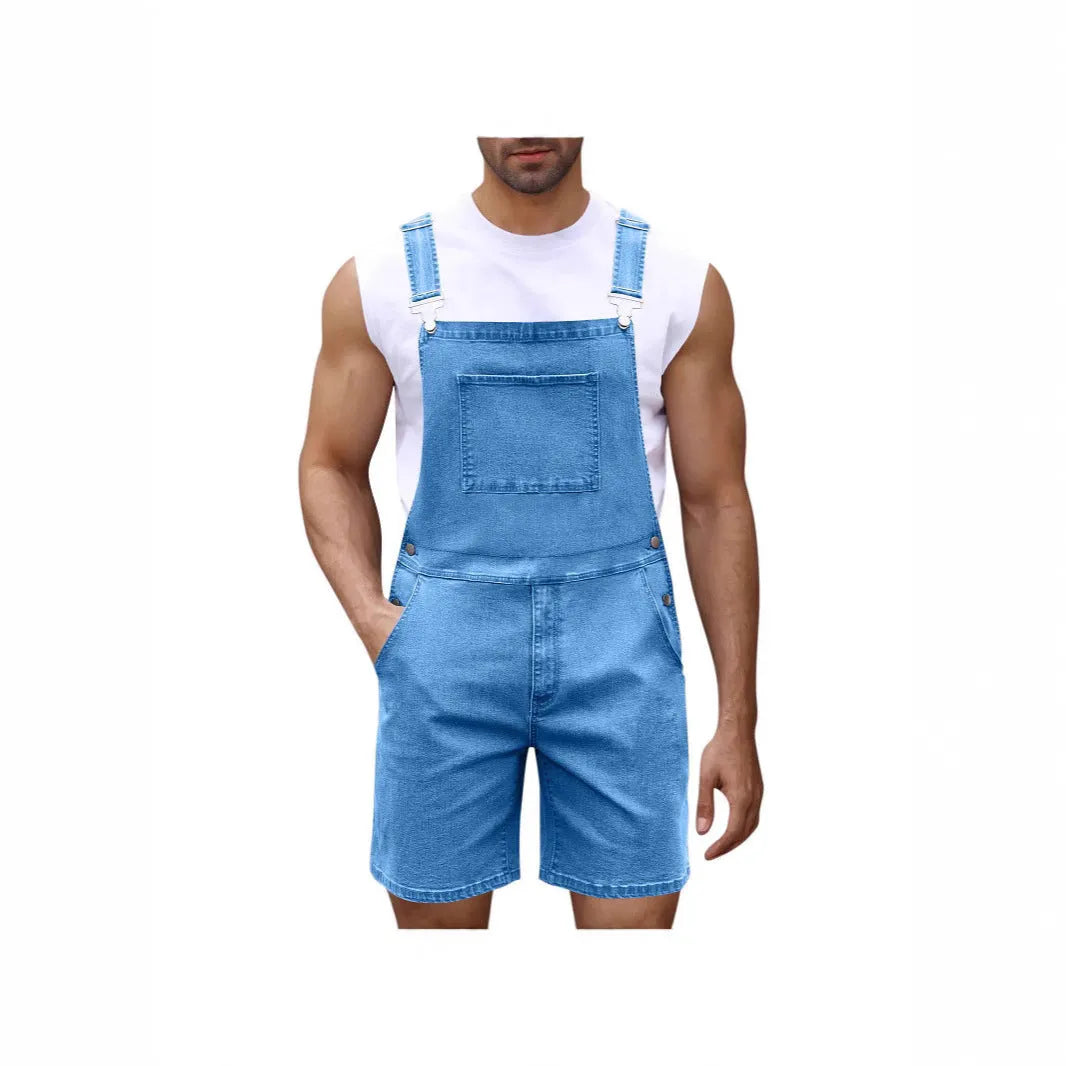 Men's straight-leg cotton denim shorts with zip fly, shown in dark blue, light blue, and black.