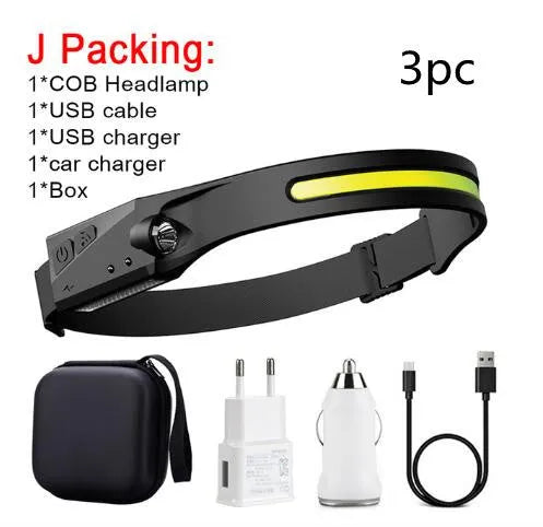 Black silicone USB rechargeable LED headlamp with wide beam and separate spotlight on adjustable strap.