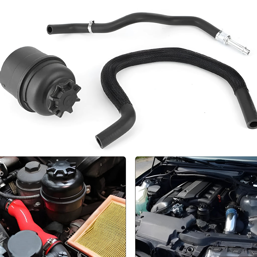BMW power steering oil pot kit components including oiler, tubing, and hose repair parts.