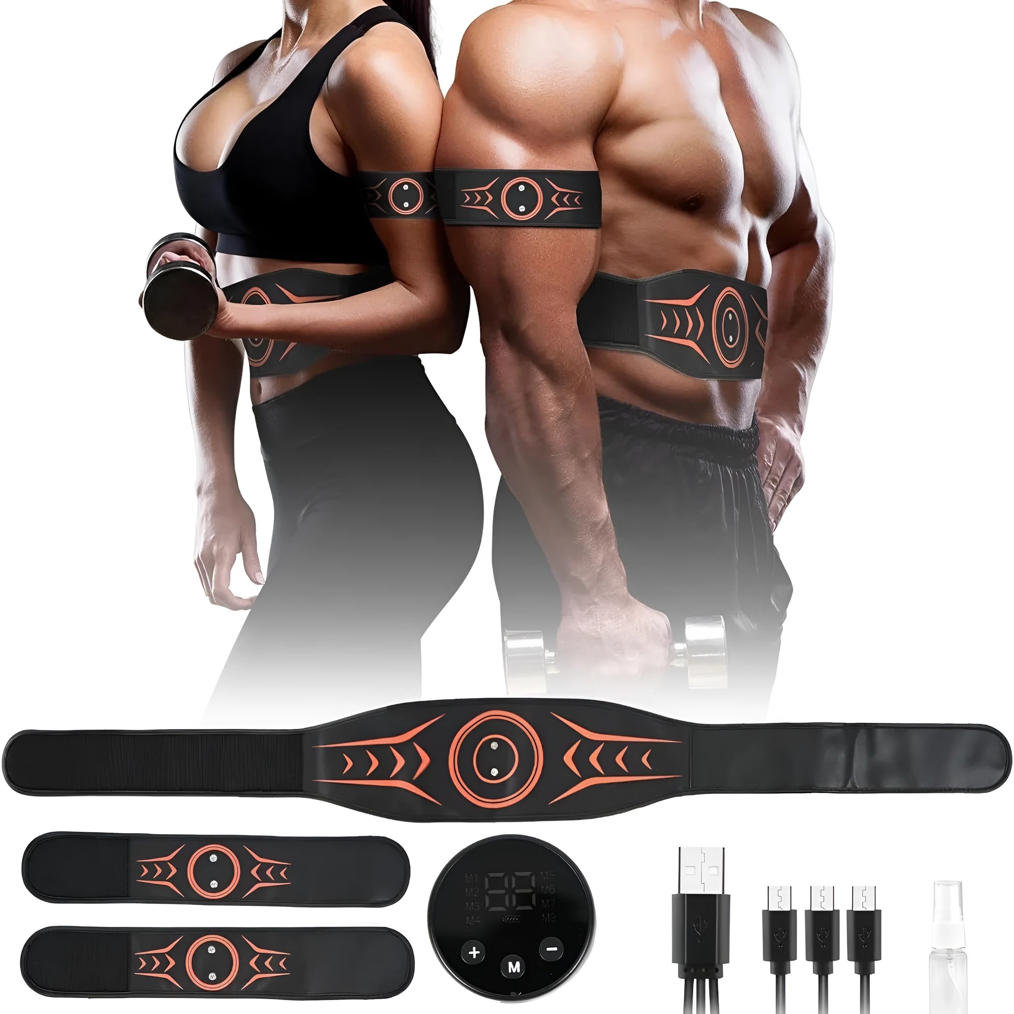 EMS fitness belt with abdominal pads, arm stickers, and rechargeable host unit