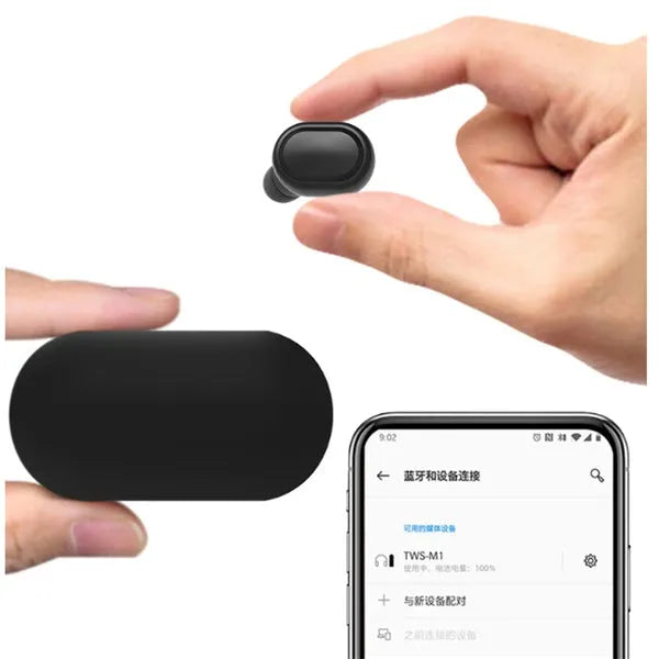 Black and white M1 wireless Bluetooth earbuds with a charging case on a table.