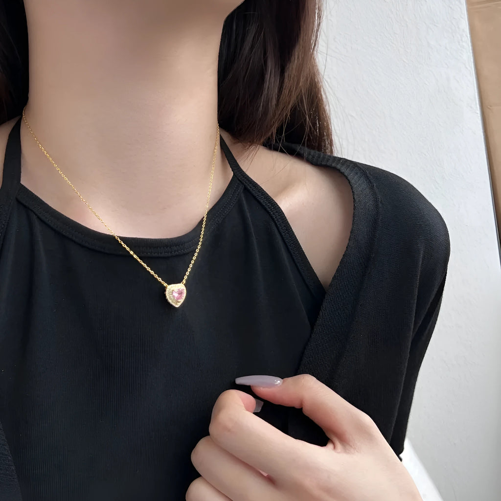 Women's simple colour dopamine zircon necklace in 925 silver with electroplated finish, shown in platinum and pink diamond options