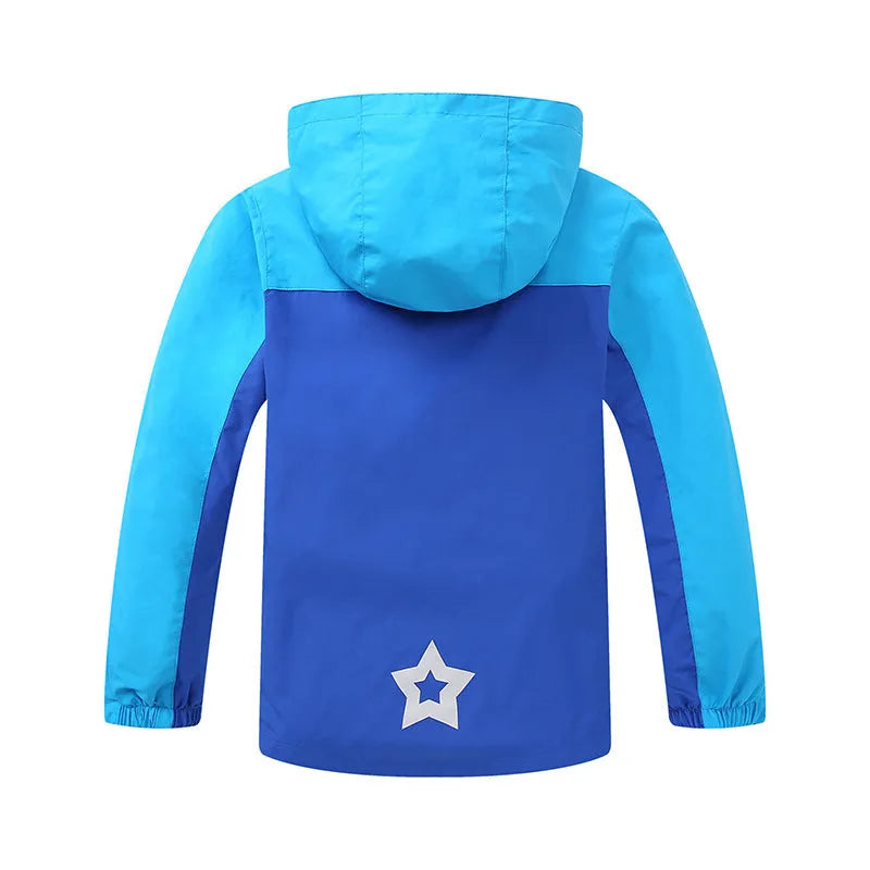 Blue children's long sleeve jacket with front zipper, shown on a hanger.