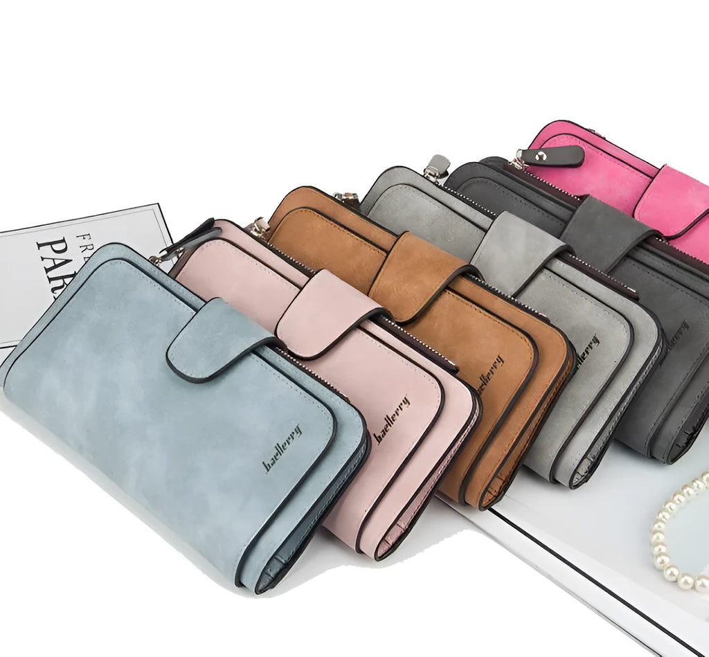 Women's PU zip wallet in Black, Blue, Brown, Dark Blue, Dark Grey, Dark Red, Light Grey, Pink and Rose Red with zipper closure
