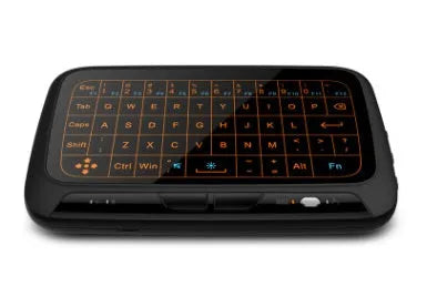 H18 mini wireless keyboard in black with touchpad, mouse wheel, and backlit keys