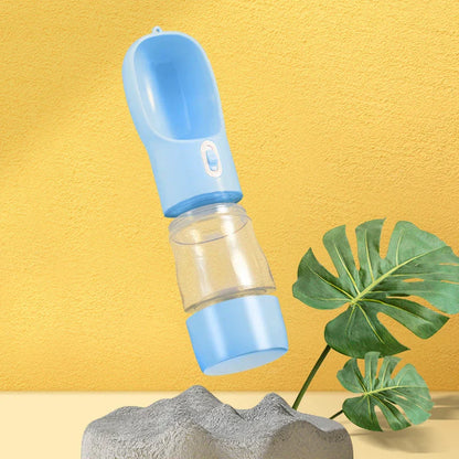 Portable pet water bottle with food bowl, available in various colors and styles for outdoor travel and adventures with your dog