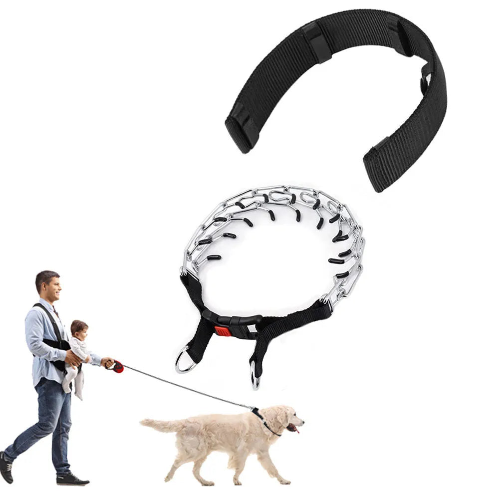 Metal spiked dog training collar with a removable blue reflective cover, shown in large size.