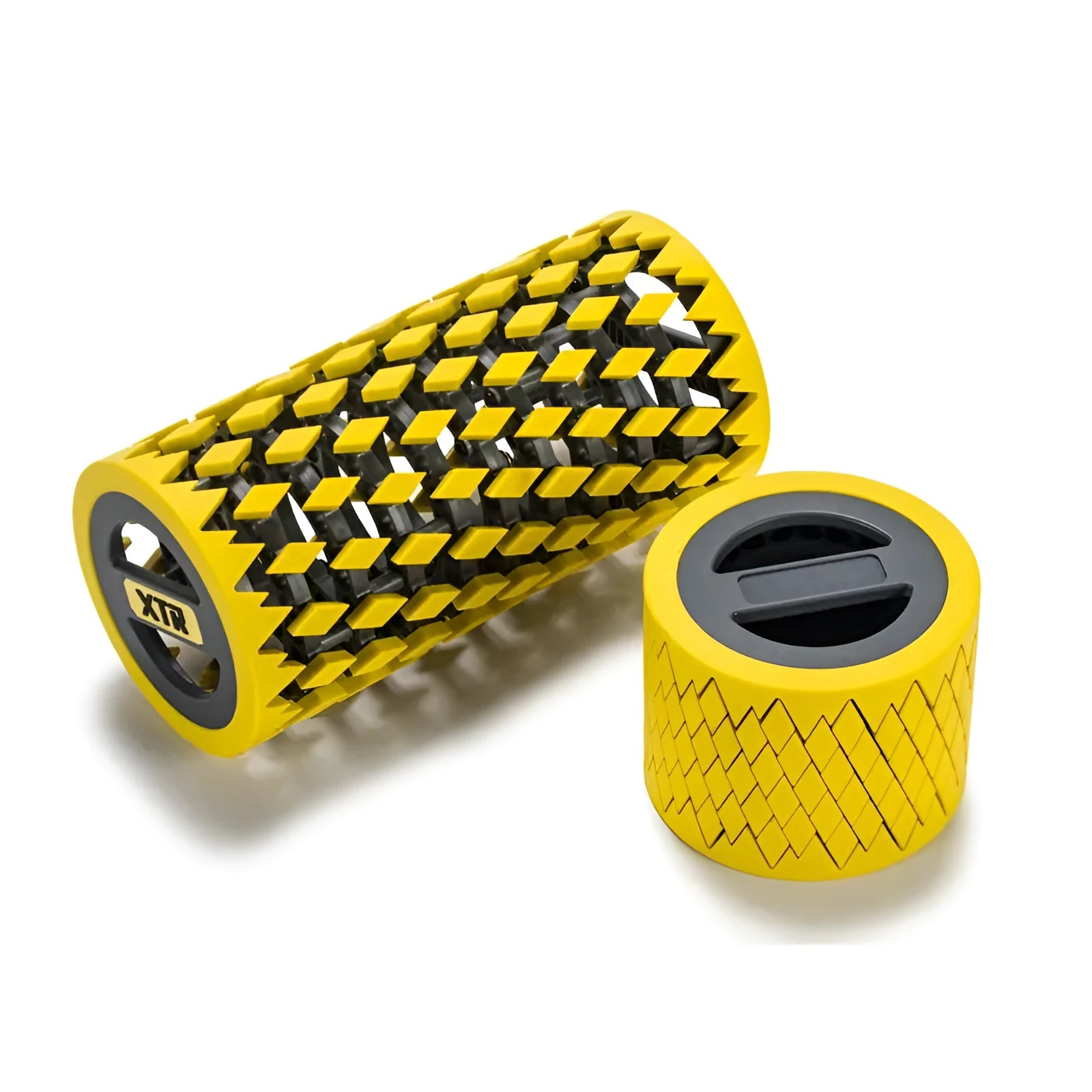 Handheld percussion massage equipment in blue and yellow for fascia relaxation and deep tissue relief