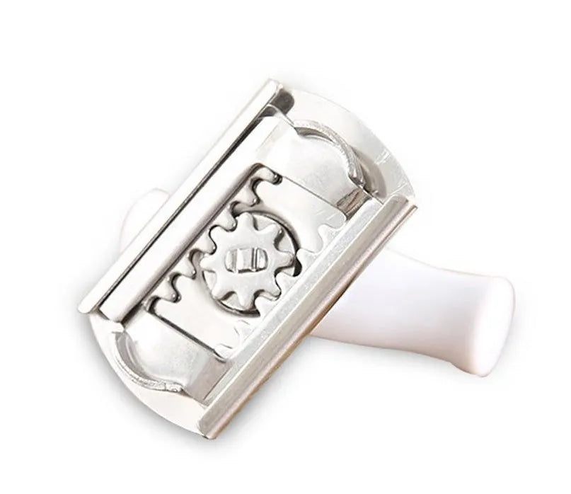 White adjustable stainless steel bottle opener with gear mechanism and PP handle on a plain background.
