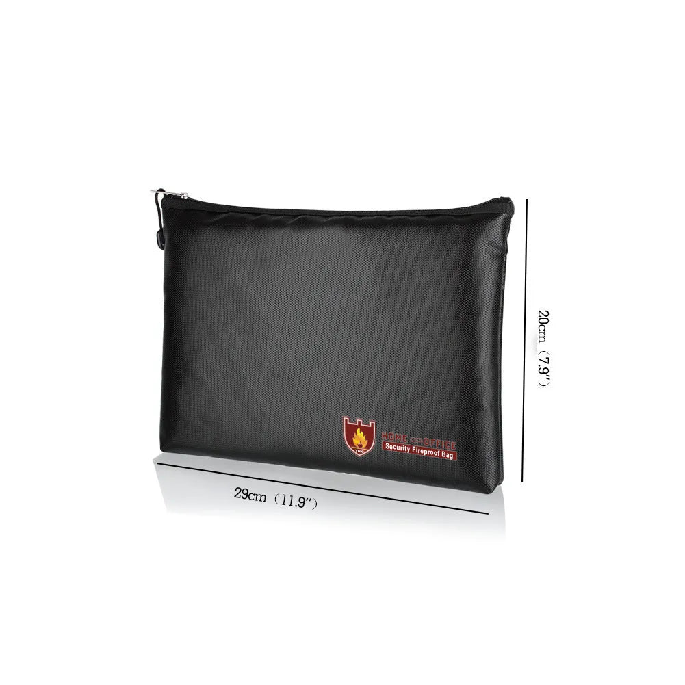 Black fire-proof document bag for contracts and certificates, shown in three different sizes.