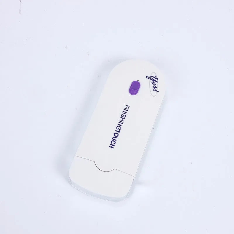 White electric hair removal shaver with foil head and trimmer head attachment on a blue background.