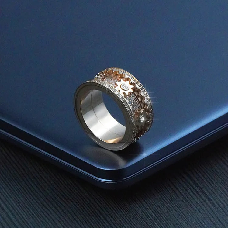 Unisex alloy ring with gypsophila inlaid diamond gear rotating design, white gold finish, size 10