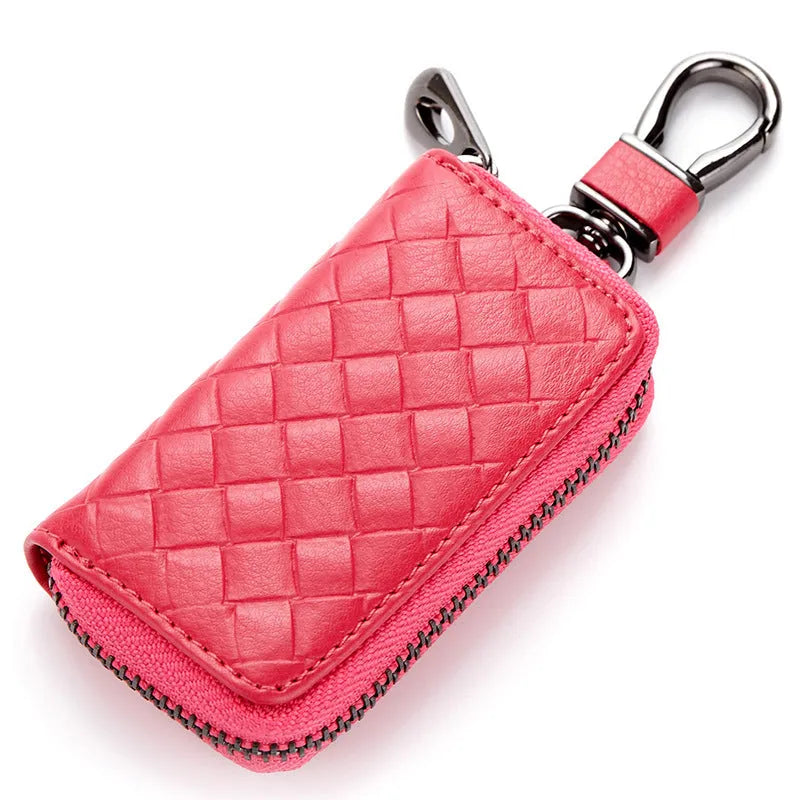 Woven split leather car key case in brown with metal clip, 9.5cm x 5.5cm
