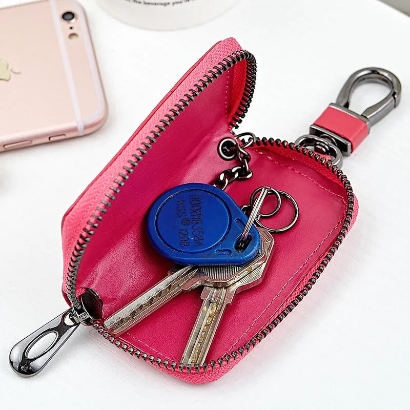 Woven split leather car key case in brown with metal clip, 9.5cm x 5.5cm