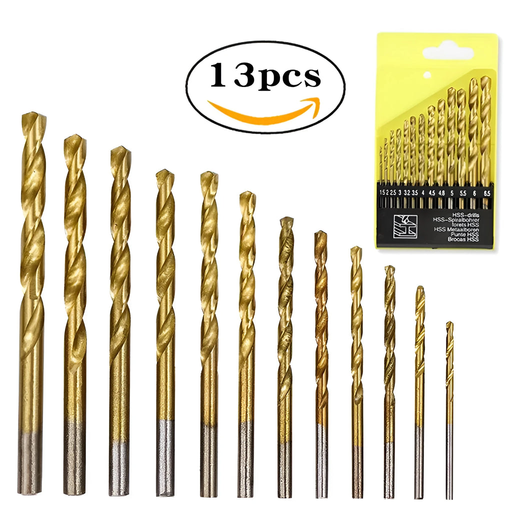 Boxed 13-piece titanium-plated twist drill set on white background