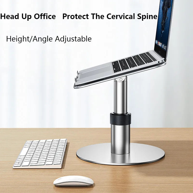 Silver adjustable car laptop stand with aluminum alloy frame and non-slip silicone pads.
