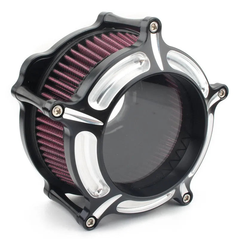 Aluminium air filter housing for car retrofit in various colour options including blue, red, and black.