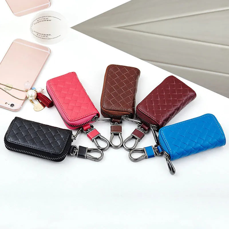 Woven split leather car key case in brown with metal clip, 9.5cm x 5.5cm