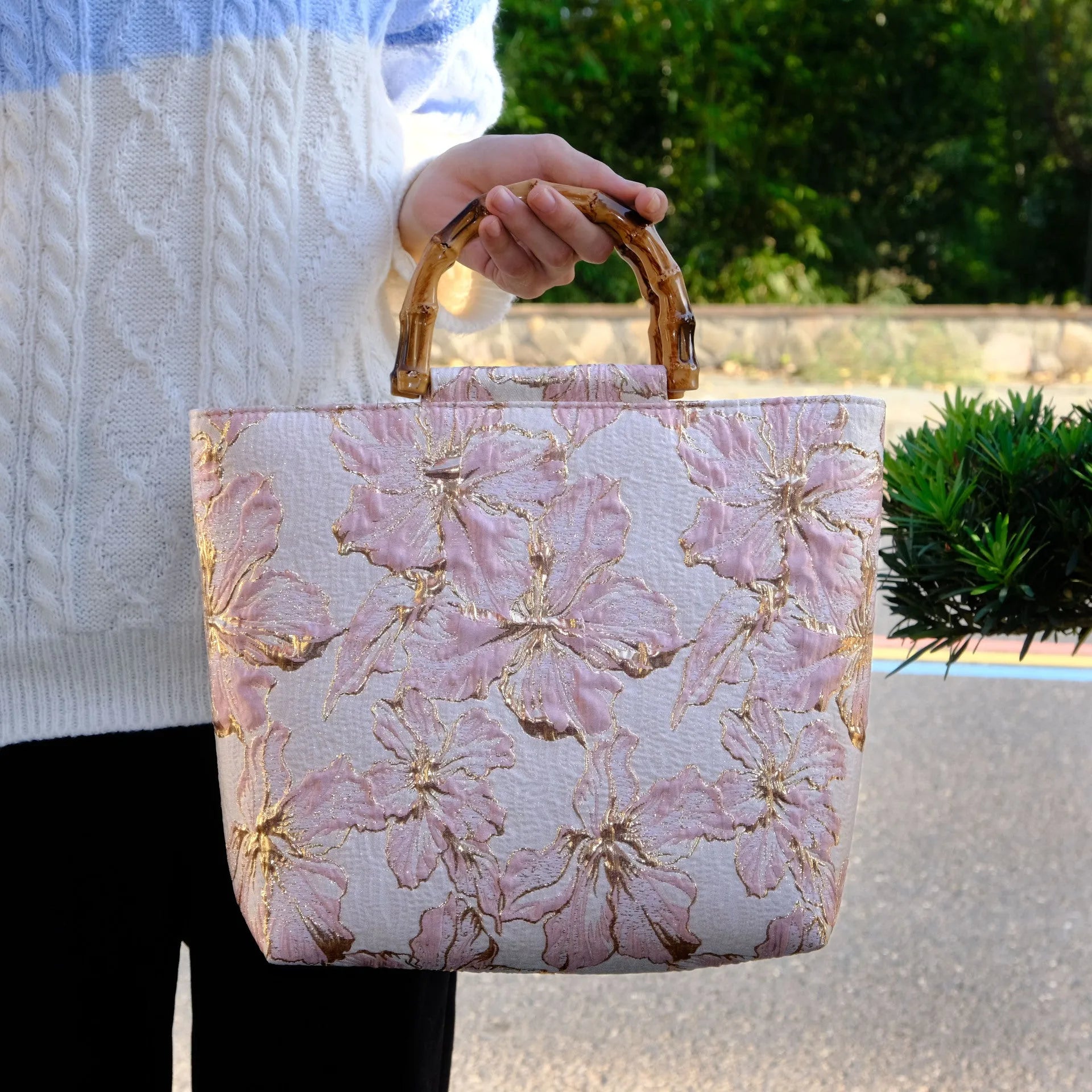 Light blue square canvas shoulder bag with gold bronzing flower pattern and double straps
