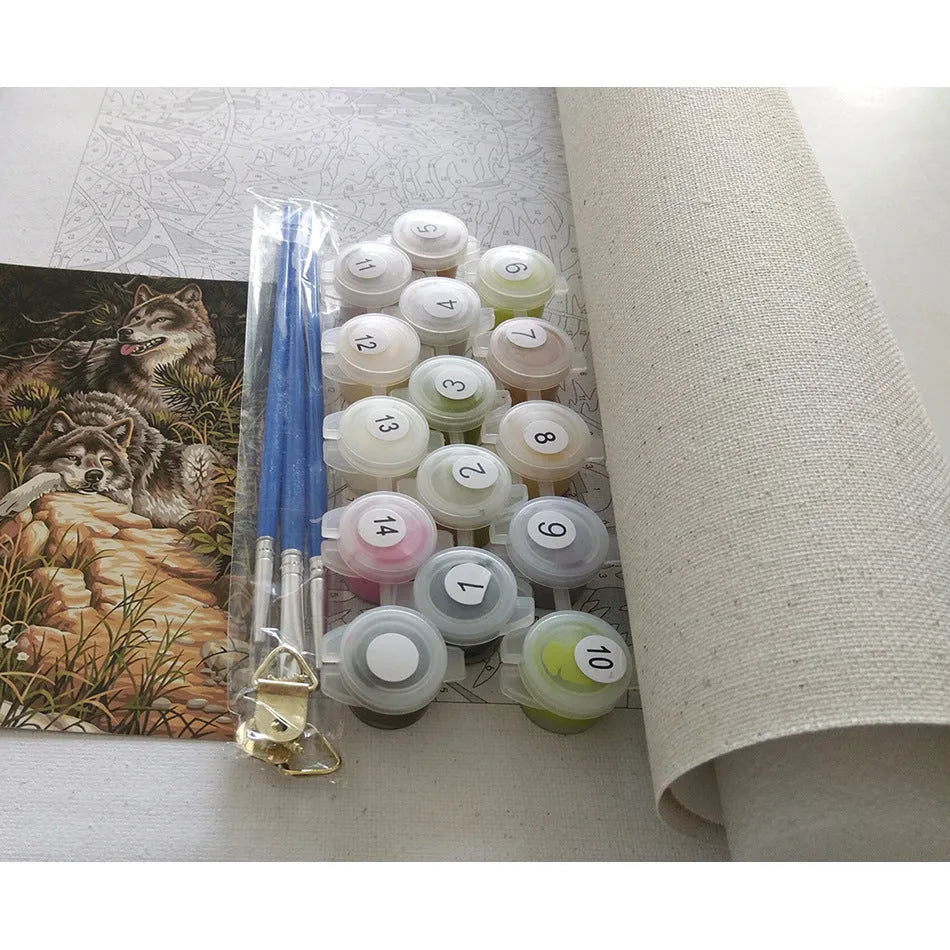 40x50cm landscape paint by numbers kit showing printed linen canvas and set of acrylic paints