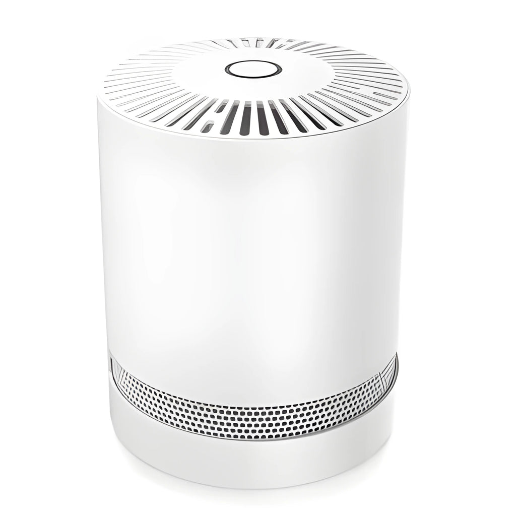White compact desktop air purifier with front grille, dimensions 175x175x220mm, on a wooden desk