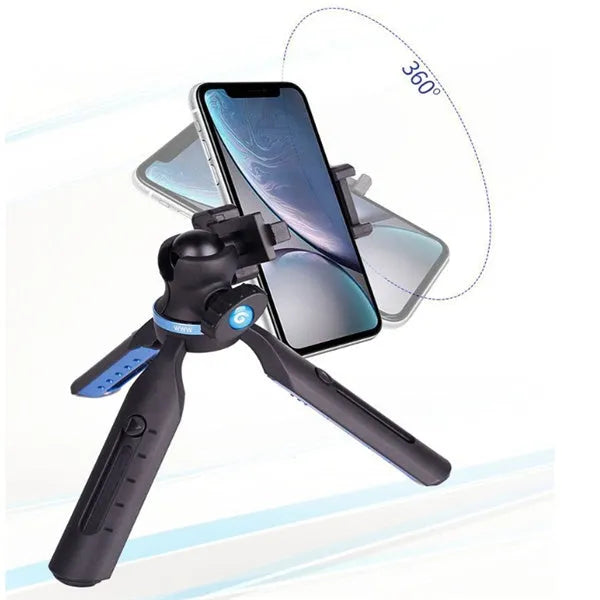 Black desktop phone tripod made of aluminium alloy and plastic, holding a smartphone.