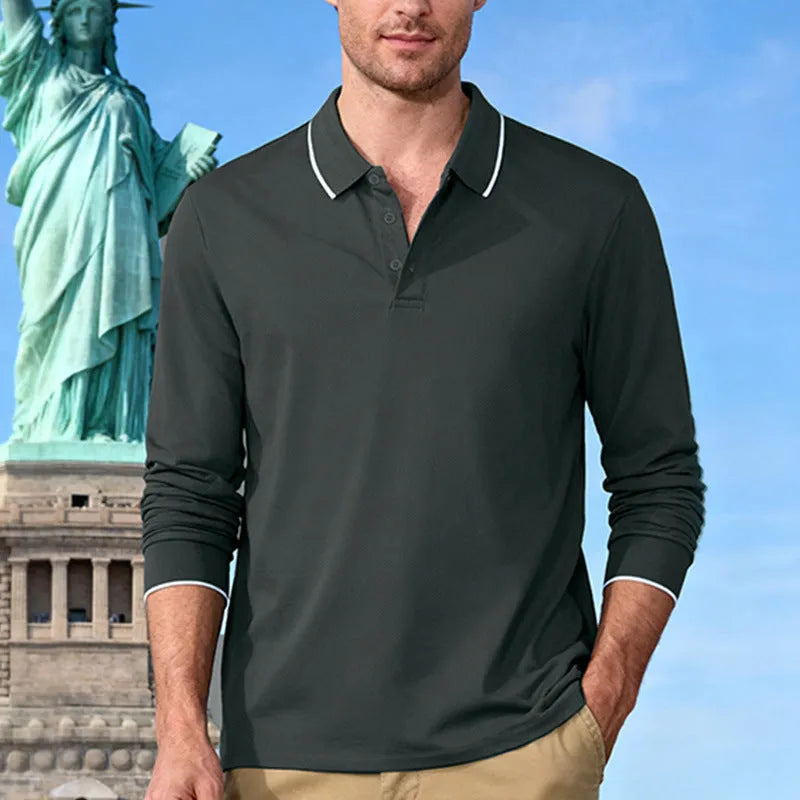 Men's long sleeve jacquard polo shirt, loose fit, solid colour, quick-dry polyester
