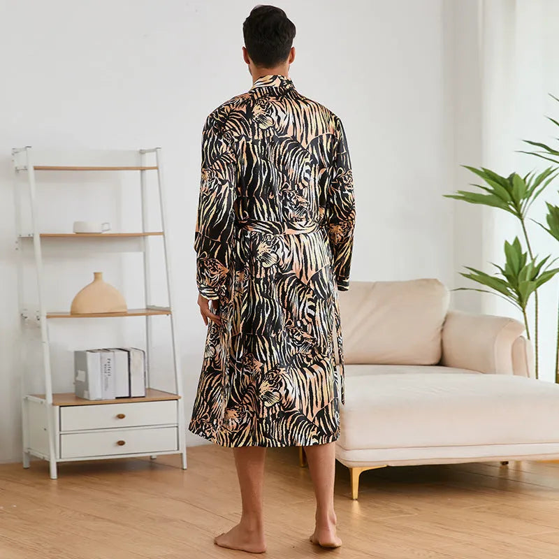 Men's tiger pattern rayon bathrobe set with long sleeves and matching shorts