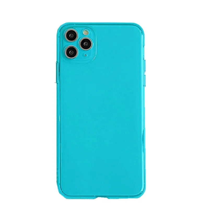 Transparent fluorescent TPU phone case for Apple iPhone 13 14 15, back cover in dark blue orange purple yellow rose light purple.
