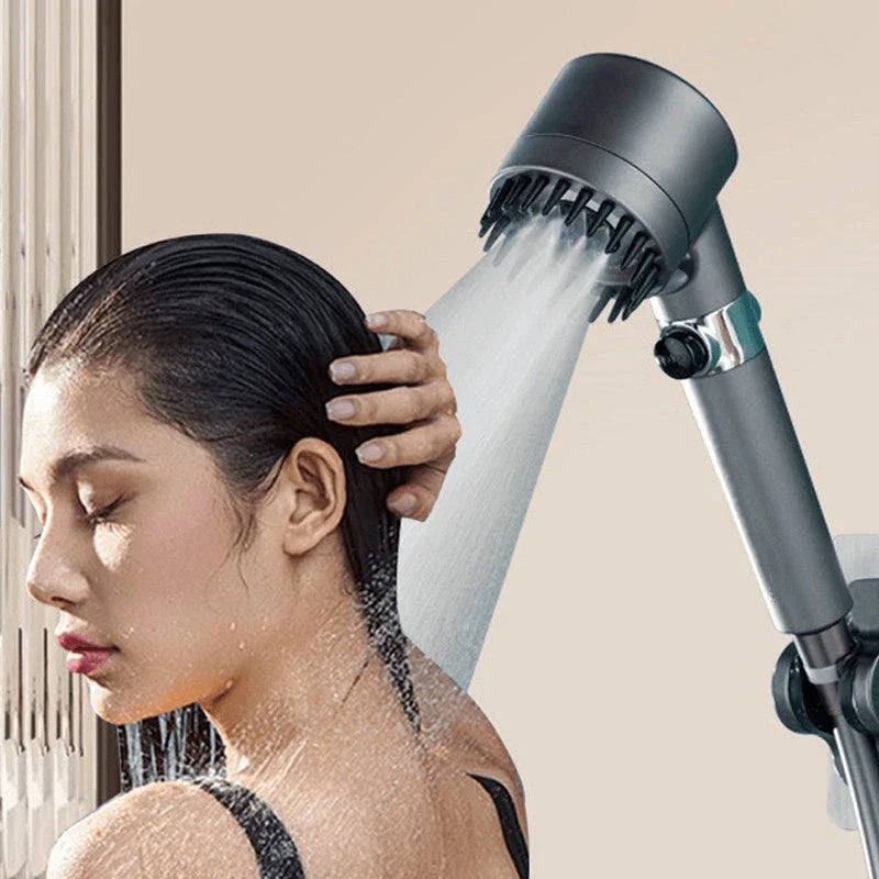 A high-pressure rainfall shower head made of durable ABS material with multi-mode functionality and a built-in water filter.