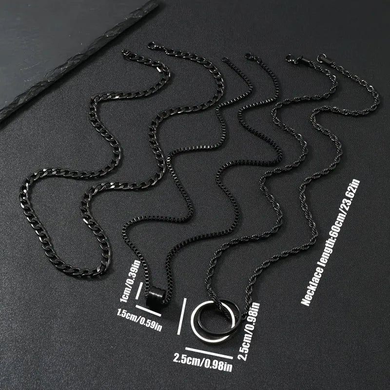 Black titanium steel necklace with cylindrical ring buckle pendant on stainless steel chain