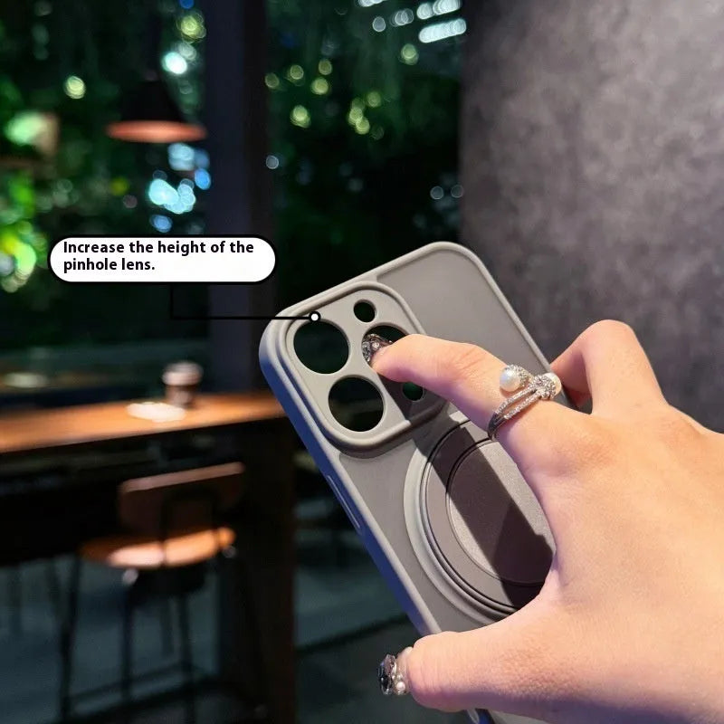 Magnetic suction pivot phone case for iPhone with built-in kickstand, in a frosted finish.
