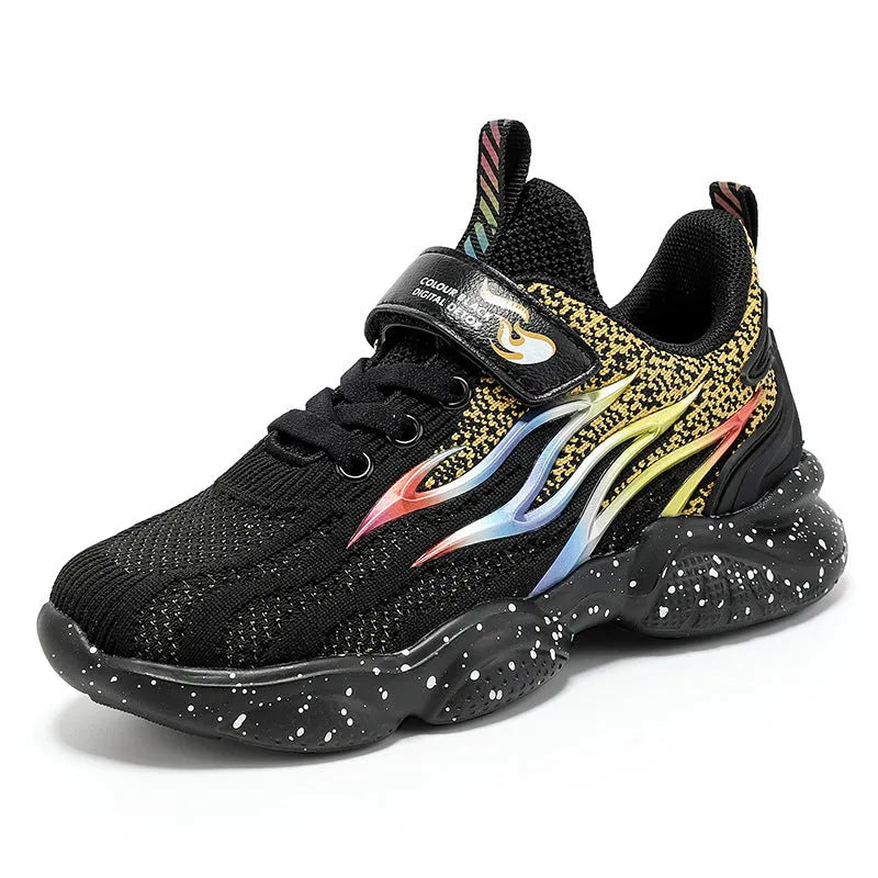 Boys sneakers with mesh upper in beige, black gold, and black red colours showing anti-slip sole