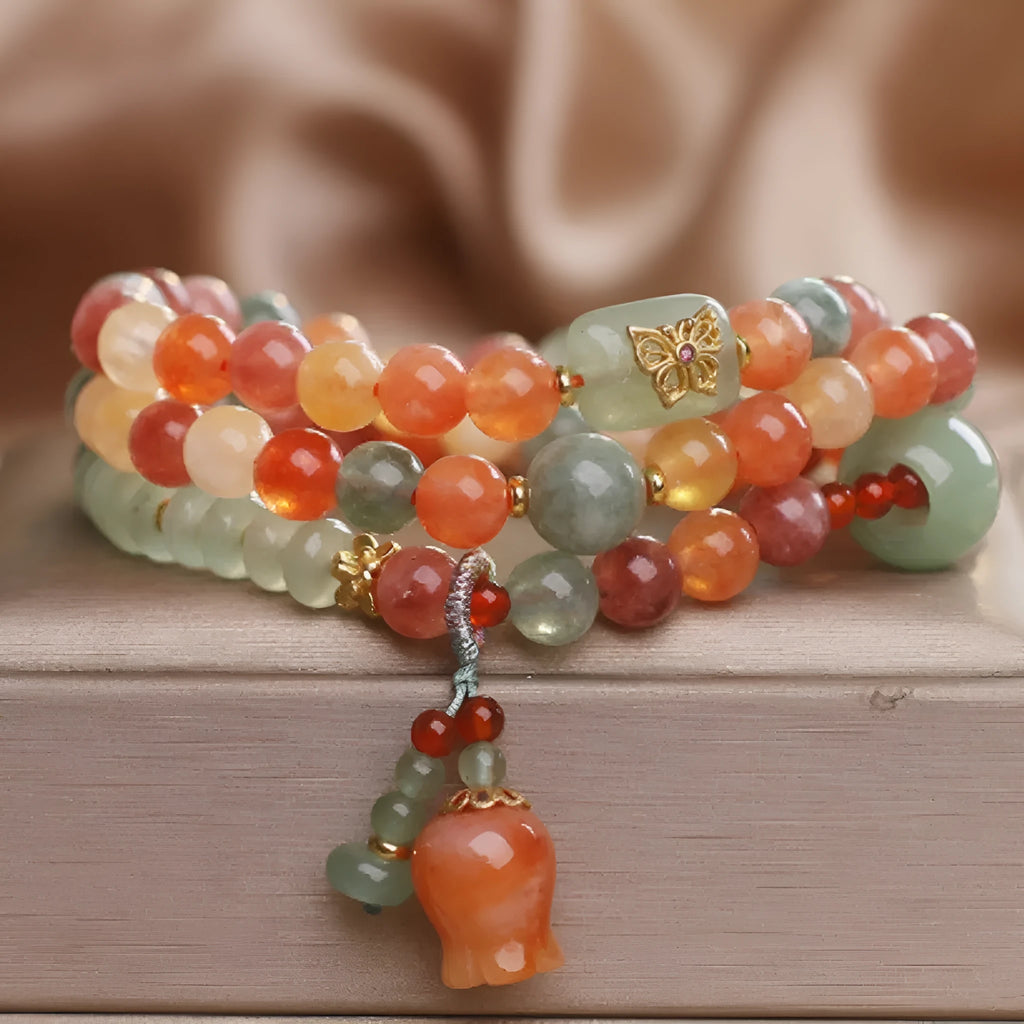 Natural Xinjiang Jinsi Jade multi-circle bracelet with round beads and flower-shaped lily pendant for women