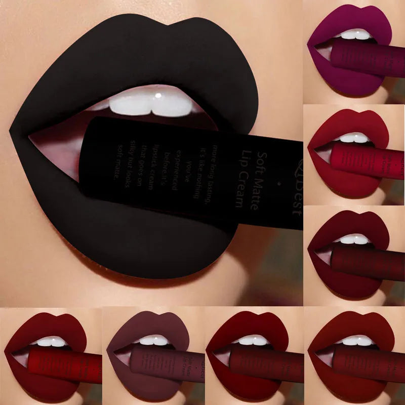 Qibest matte lipstick in sealed packaging with non-stick cup formula 20g weight 34 colours available