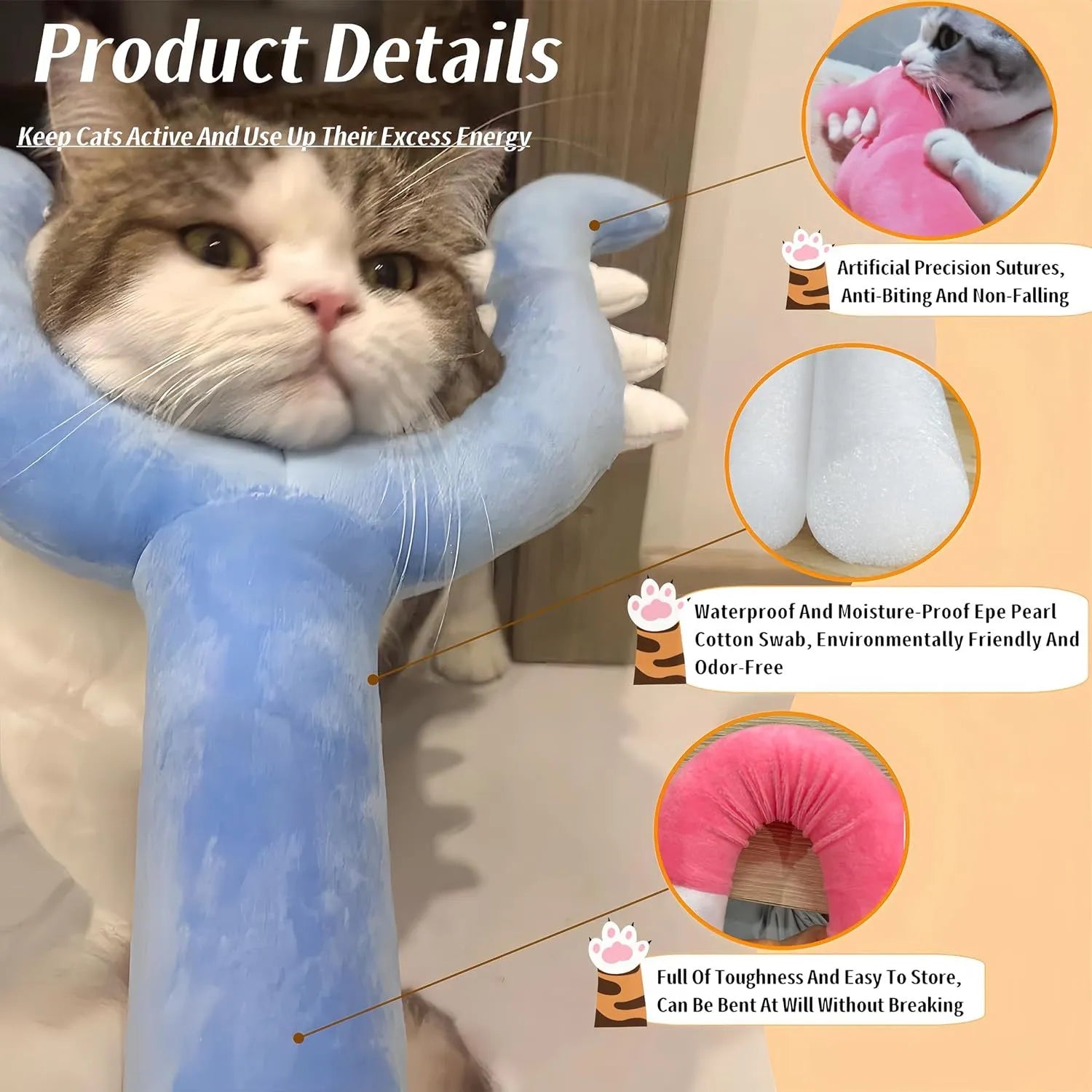 Blue plush cat wand toy extended to 70cm length with foam-filled front section
