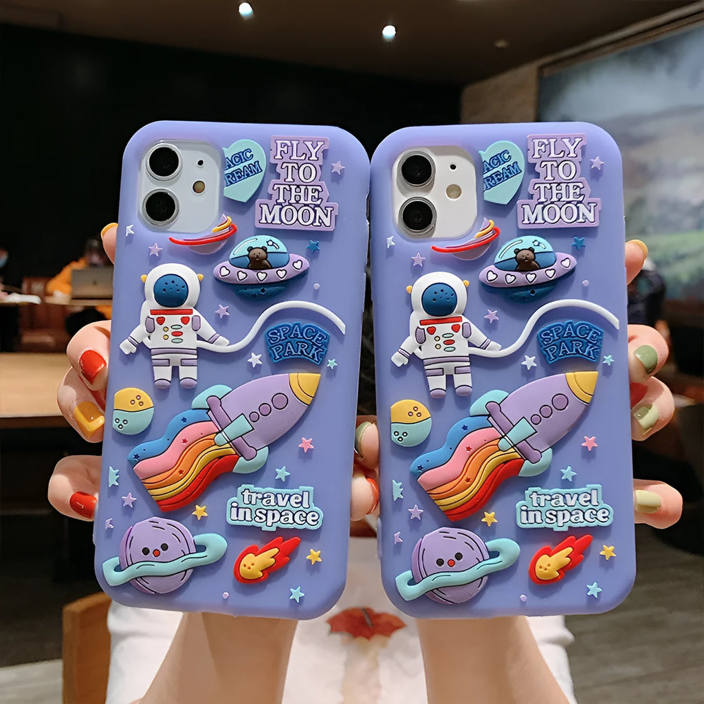 Purple translucent silicone iPhone case featuring a cartoon astronaut graphic.