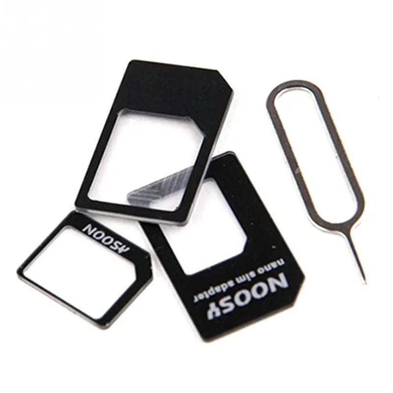 Three-piece SIM card cutting kit with nano SIM trays and micro adapter in black or white