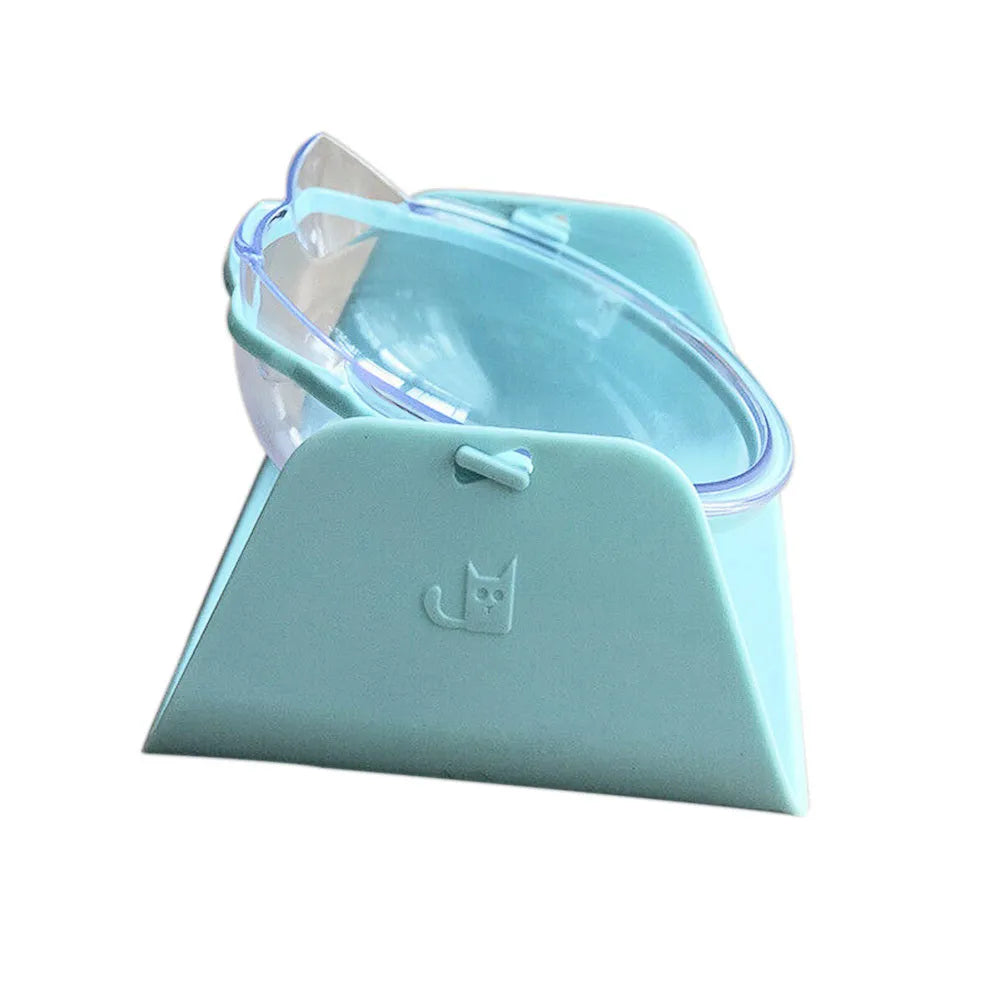 Adjustable plastic cat bowl with 15 degree tilt in Blue colour on a flat surface