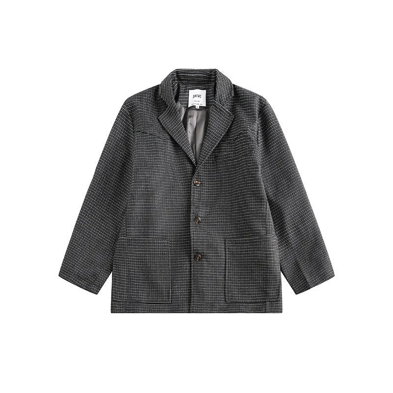 Men's loose-fit plaid casual suit jacket in grey or khaki, polyester, sizes M to XXL