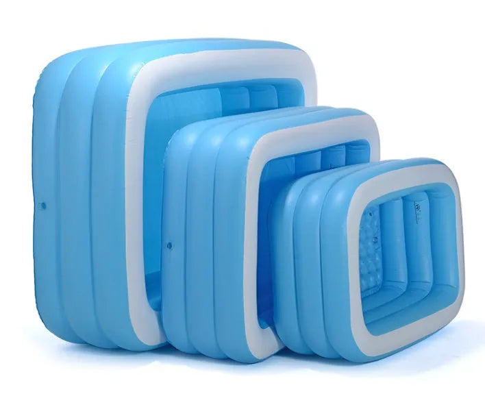 Blue and white rectangular inflatable PVC swimming pool 150cm by 110cm by 50cm for outdoor garden use