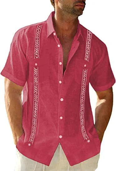 Comfortable Casual Cuban-Style Guayabera Shirt for Men in Red, Navy Blue, White, and Army Green Colors