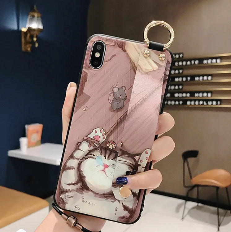 Rose flower pattern iPhone case with adjustable wrist strap attached