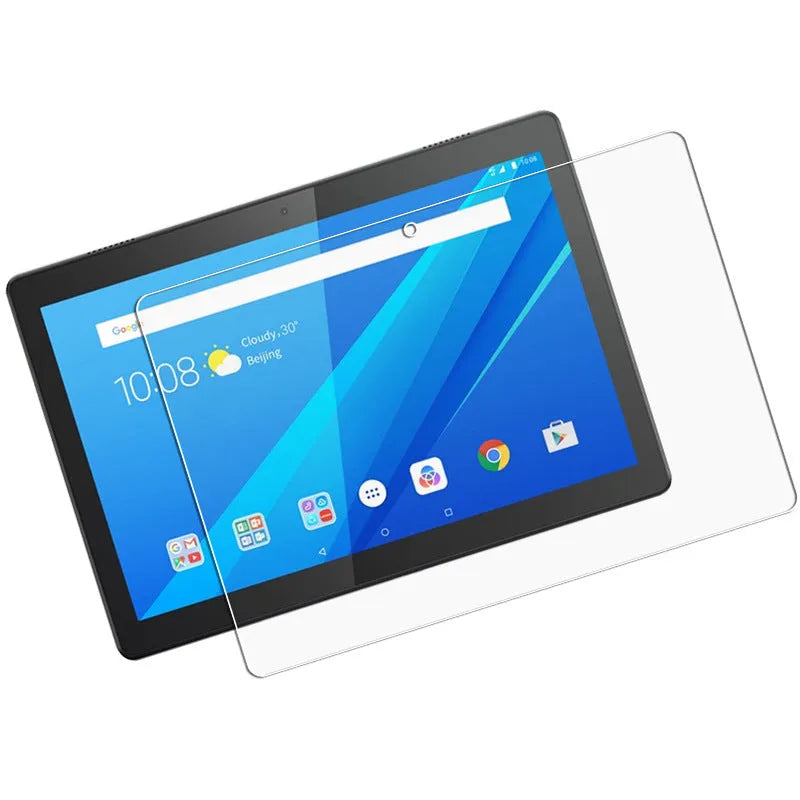 White PET screen protector for Lenovo Tab E10 tablet on a clear background.